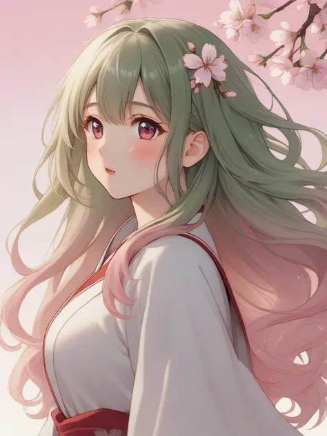 realistic ,ghibli ,(1girl ),,lip, solarpunk,olive, Brussels,cherry blossom pink gradient background, Alabaster hair,Long flowy hair, Honduran ,, (masterpiece,best quality,niji style)