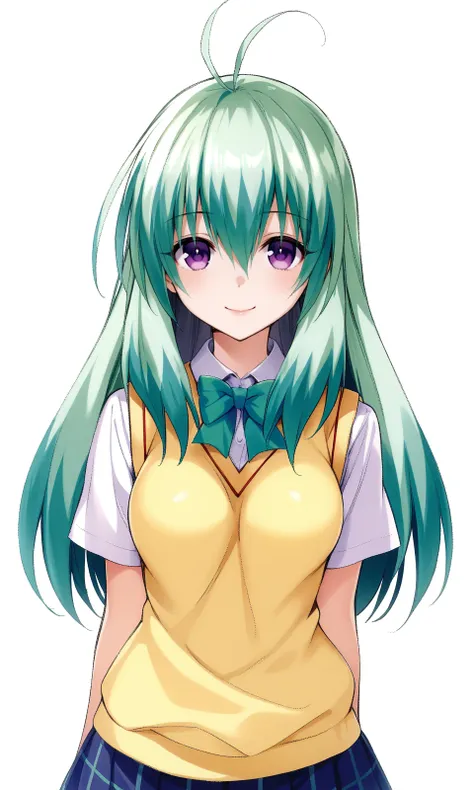 run elsie jewelria, purple eyes, green hair, long hair, medium breast, school uniform, skirt, sweater vest, looking at viewer, l...