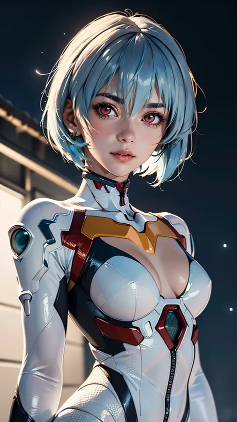 (best quality, masterpiece, colorful, highest detailed) upper body photo, fashion photography of cute (Rei Ayanami), intense-red-eyes, in high detailed textured Evangelion white plugsuit, (light smile:0.3), moonlight passing through light blue hair, (night...