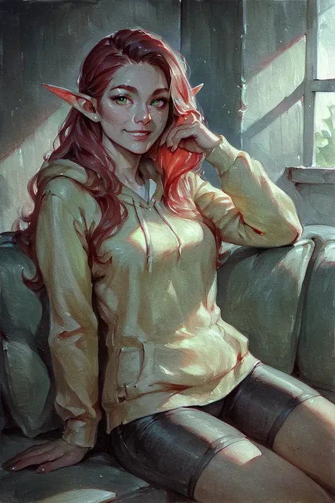 score_9, score_8_up, score_7_up, rating_safe, traditional media, realistic, elf, pointy ears, red hair, long hair, green eyes, yellow hoodie, bike shorts, smile, 1girl, solo, looking at viewer, cowboy shot, sitting, on couch, couch, indoors, living room <l...