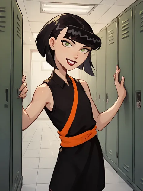 <lora:IngridPony1.0:0.8> ingridthird, 1girl, black hair, solo, short hair, green eyes, black dress,smile,orange sash,  sleeveless, makeup, looking at viewer,  lipstick, bob cut, locker,school,cowboy shot,  score_9, score_8_up, score_7_up, score_6_up <lora:...