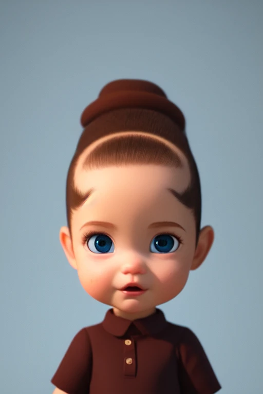 short haired baby standing, baby, blue eyed, brown hair, tall square forehead, almost no hair except on top of her head. wide angle portrait, soft lighting, ambient lighting, cartoon, pixar disney render, trending on artstation. 8k