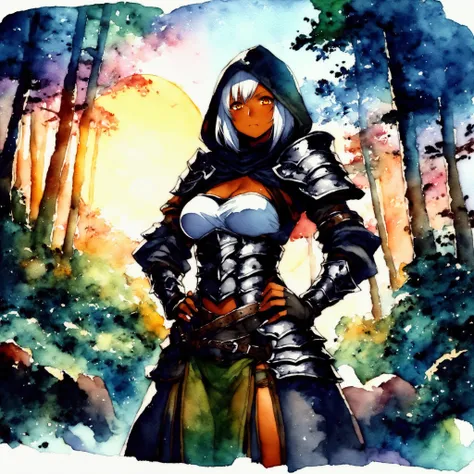 score_9, score_8_up, score_7_up, source_anime, <lora:WCXL:0.7>, watercolor_(artwork), solo, solo focus, fantasy, sun, forest, BREAK,
1girl, white hair, dark skin, amber eyes, straight face, armor, curvy, hands on hips, hood,