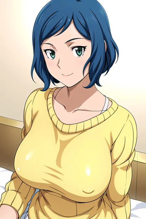 Simple White Background,
dynamic pose,standing at attention,
Yellow sweater, long sleeves, underwear, bare shoulders, collarbone, cleavage, 
<lora:Rinko_Iori_BuildFighters-KK77-V1:0.7>,
Green eyes, blue hair,bangs,short hair,
<lora:Oda_Non_Style-KK77-V2:0....