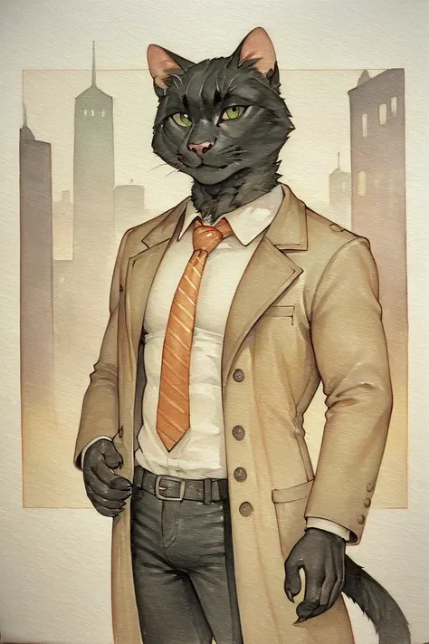 score_9, score_8_up, score_7_up, rating_safe, source_furry, traditional media, realistic, anthro, furry, black cat, cat, black fur, green eyes, white collared shirt, long sleeves, striped necktie, orange necktie, beige coat, black pants, muscular, 1boy, so...