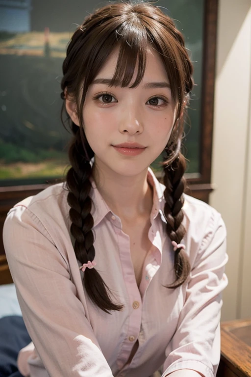 (8k, RAW photo, best quality), depth of field,(photo-realistic),photo of <lora:HashimotoArina_lora:1>,blush,braids,bangs,brown hair,brown eyes,1girl,solo,wearing collared shirt,portrait,smile