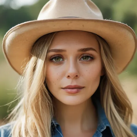 skin texture, no makeup, super high res closeup portrait photo of a woman outdoors with long blonde hair wearing a classic cowbo...