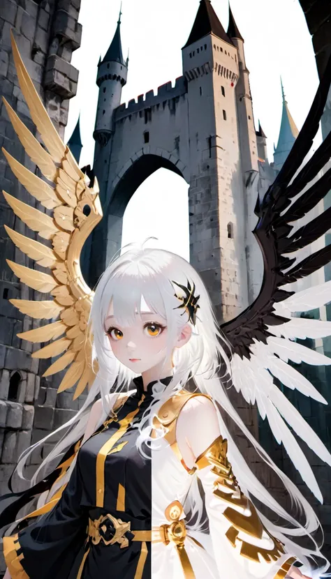 left and right different colors,1girl,contrast,color patches,<lora:xl-shanbailing-0112yin_yang:0.75>,castle,trendy,white hair,hime cut,(wings:1.3),black,gold,