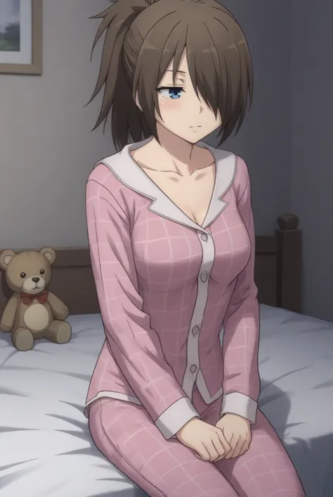 score_9, score_8_up, source_anime, BREAK  1girl, solo, looking away, cowboy shot, 
<lora:LeviKazamaPdxlDwnsty-000009:0.8>, levi kazama, blue eyes, brown hair, hair over one eyes, ponytail, long hair, collarbone, pajamas, pink pajamas, plaid pajamas, 
mediu...