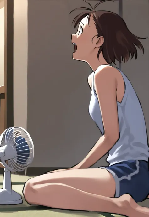 <lora:comiclo_a31:1>,1girl, solo, short hair, electric fan, barefoot, shorts, sitting, brown hair, antenna hair, profile, open mouth, blue shorts, kikuchi makoto, black hair, tatami, short shorts, wariza, sleeveless