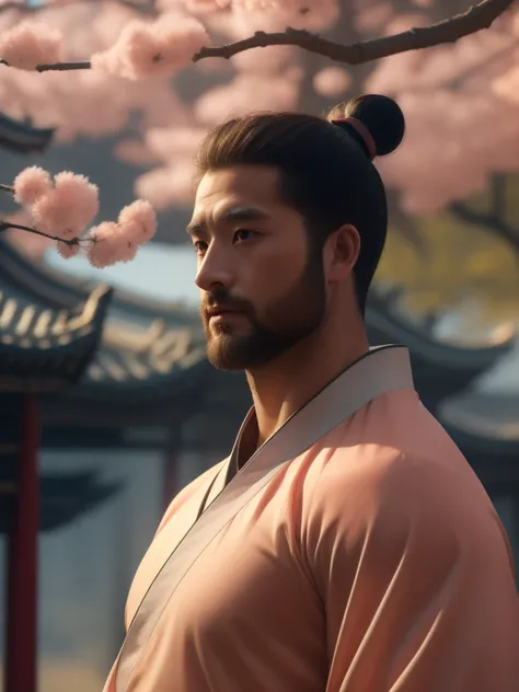 (photo_realistic:1.3), best quality, highres, ultra details, masterpiece,8K,UHD,
1boy, AsianUncle,man bun, wearing hanfu, looking at viewer,<lora:AsianUncle_RealVS:0.8>,
(hairy body,30 years old, handsome rugged face, stubble, short hair,)
peach blossom, a...