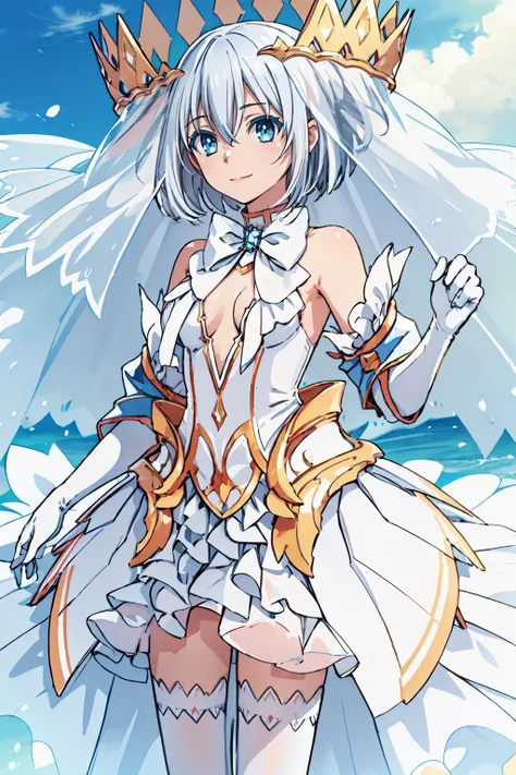 masterpiece, best quality, 1girl, blue eyes, solo, standing, (crown:1.1), white hair, short hair, hair between eyes, (bridal veil:1.2), looking at viewer, smile, bare shoulders, cleavage, small breasts, detached sleeves, elbow gloves, white gloves, white b...