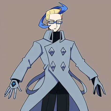 solo, 1boy, male focus, blonde hair, blue hair, two-toned hair, cowlick, hair slicked back short hair, cowlick, yellow eyes,achromatic, wearable console, coat, grey coat, glasses, black pants, blue-framed eyewear