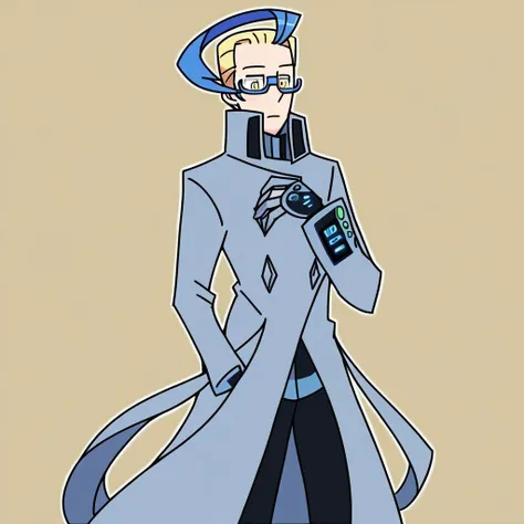 solo, 1boy, male focus, blonde hair, blue hair, two-toned hair, cowlick, hair slicked back short hair, cowlick, yellow eyes,achromatic, wearable console, coat, grey coat, glasses, black pants, blue-framed eyewear