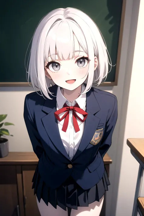 (masterpiece, best quality, highres), 1girl, solo, white hair, short hair, straight hair, blunt bangs, grey eyes, flat chest, narrow waist, petite, pale skin, indoors, school, school uniform, collared shirt, red neck ribbon, dark blue blazer, dark blue ple...