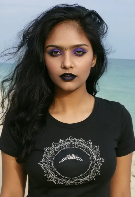 rojwoman, goth makeup, black lipstick, tshirt, beach background
