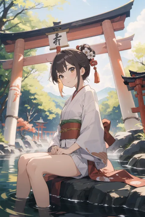 (masterpiece:1.2), 1girl, japanese clothes, shrine,torii,onsen, fantasy, sit