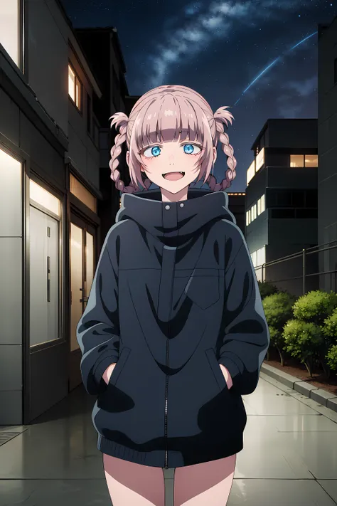 best quality, masterpiece, detailed,
<lora:YofukashiNoUta_NanakusaNazuna:0.9>, NanakusaNazuna,
1girl, open mouth, smile,
pink hair, short hair, blunt bangs, braid, hair rings, blue eyes, fang,
NanakusaJacket, jacket, hood,
looking at viewer, hand in pocket...