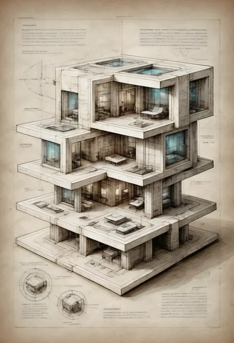 annotated architectural study concept on parchment for futuristic homes incorporating modular cuboid structures and interlocking halls of white marble and glass and chrome