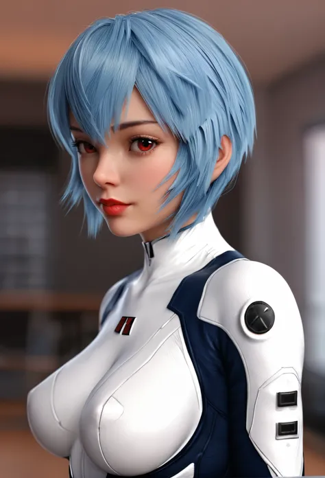 score_9, score_8_up, score_7_up, i want the whole image to be created in 3D anime style, 1girl, solo, breasts, looking at viewer, short hair, bangs, red eyes, medium breasts, blue hair, upper body, blurry, from side, lips, bodysuit, depth of field, blurry ...