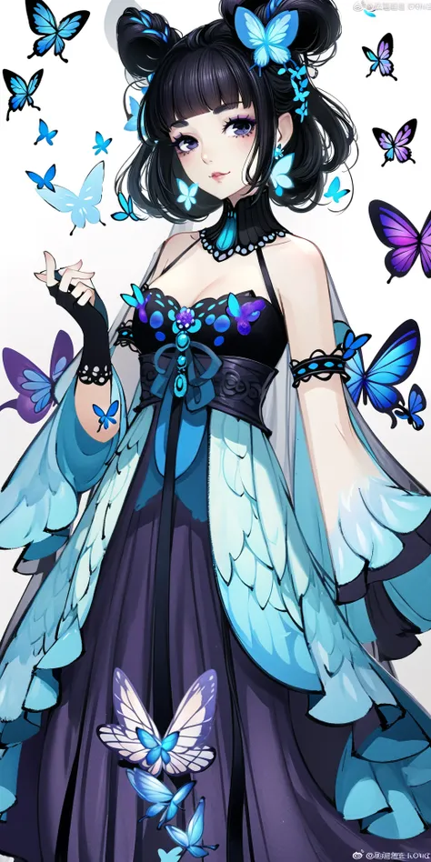 ((( White background, solid color background))),(masterpiece, top quality, best quality, official art, beautiful and aesthetic:1.2),(8k, best quality, masterpiece:1.2),<lora:gmic_shuimojuese:1>,gmic_(iconjuese), a woman in a blue dress with butterflies aro...