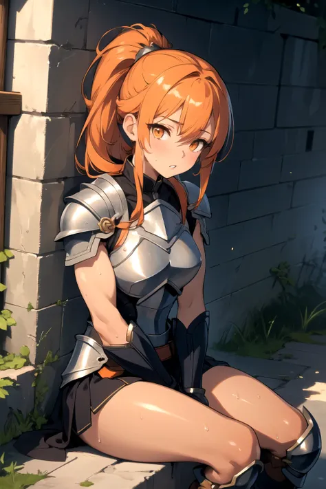 (masterpiece, best quality, highres), fantasy, 1girl, solo, muscular female, perky breasts, warrior, orange hair, high ponytail, orange eyes, dark skin, armored boots, armored dress, sitting, wall, exhausted, parted lips, heavy breathing, sweat, shiny skin...