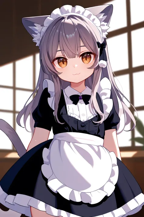 (score_9,score_8_up,score_7_up), shiny skin, 1girl, <lora:Milk_PonyXL_v1:1>, cat ears, animal ear fluff, long hair, light purple hair, grey hair, brown hair, brown eyes, cat tail, maid, flat chest, smile,