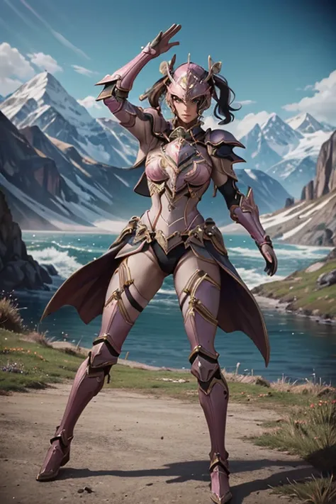 <lora:HXarmour_034:0.6>,mountain,Twirl pose,full body,, hxarmour,1girl,(pink armour:1.3),