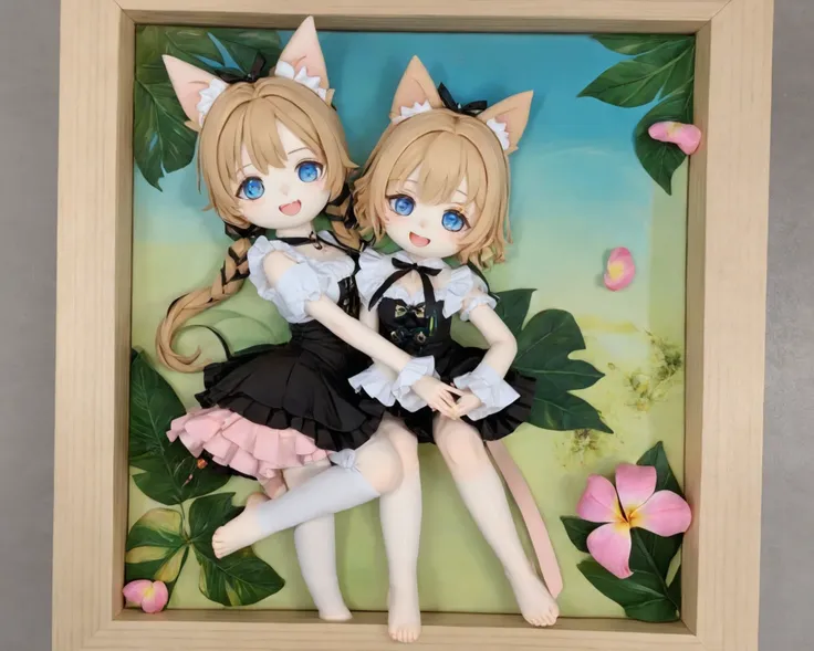 masterpiece,best quality,clay handmade frame,<lora:ClayHandmadeFrame:0.7>,anime,two female characters,fantasy,cat-eared girls,blonde hair,black hair,blue eyes,maid outfits,frills,thigh-high stockings,black dress,yellow ribbons,headbands,laying down,pink fl...