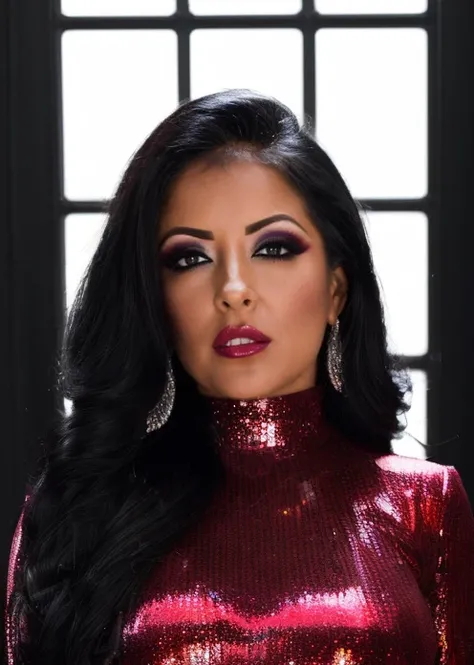 half body of A captivating masterpiece of an woman, dressed in a turtleneck dress, The intricate lace and gold details exude a very rebellious aura. ((A bold and daring makeup look featuring ombre lips that transition from a deep, dark red at the center to...