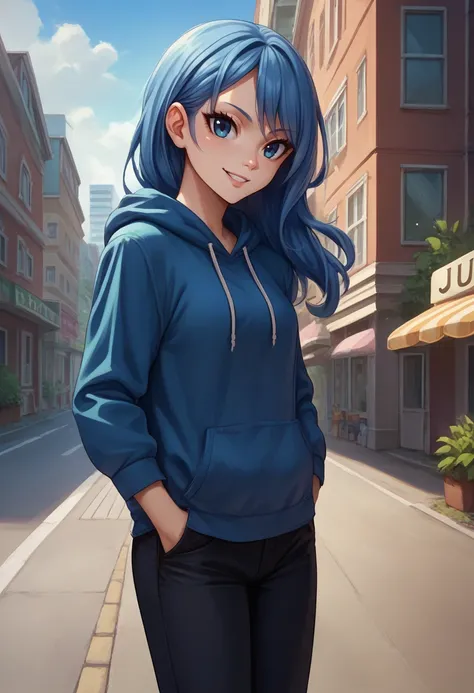 score_9, score_8_up, score_7_up, source_anime, solo, 1girl, juvia lockser, smile, looking at viewer, hand in pocket, blue hoodie, black pants, outdoors, city street <lora:fairytail_juvialockser_ponyXL:1>