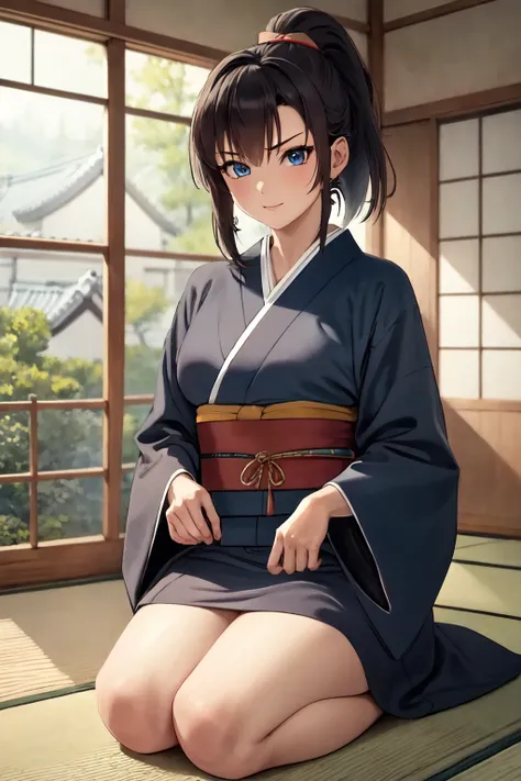 8k, highres, masterpiece, ultra-detailed, (high detail:1.1), 1girl, (kunoichi:1.1), medium breasts, black hair, medium hair, ponytail, blue eyes, (kimono), (seiza:1.2), japanese house, <lora:naughty_to_nice_v3:0>