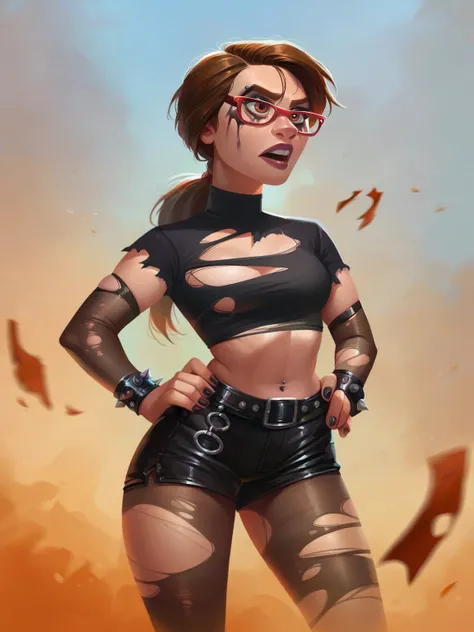 <lora:mrs_Andersen:0.8> brown hair, m_a, 1girl, red glasses, ponytail hair,    goth outfit, ((torn revealing clothes)), goth makeup, score_9, score_8_up, score_7_up,