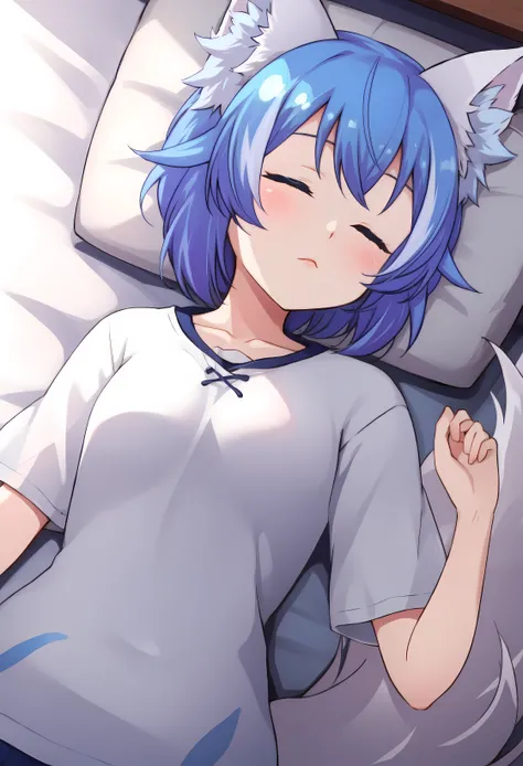 short hair, lying, from above, up view, sleeping, masterpiece, best quality, high quality, highres, ultra-detailed, <lora:Wolfychu:0.7>, Wolfychu, blue hair, blue eyes, cat ears, short hair, white skin