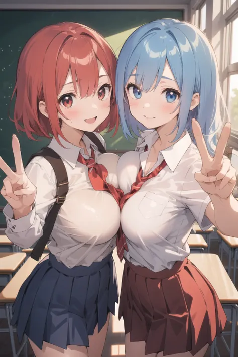 (masterpiece:1.2), 2girls, peace sign, school uniform, large breasts, symmetrical docking, classroom, smile, physical differences, blue hair, red hair,