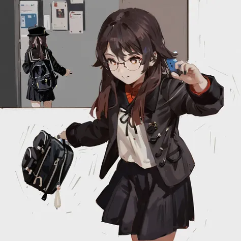 masterpiece, best quality, <lora:style31-xl-a3.1:1>,hu tao,school uniform, white shirt,open clothes, coat,black skirt,bag,phone