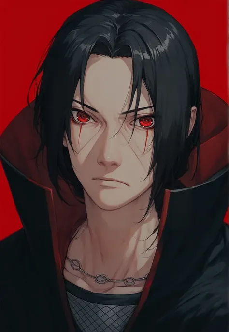 score_9_up, score_8_up, score_7_up, score_6_up, <lora:Itachi_Uchiha_naruto_pony:1> uchiwa5, black hair, red eyes, sharingan, akatsuki uniform, red background