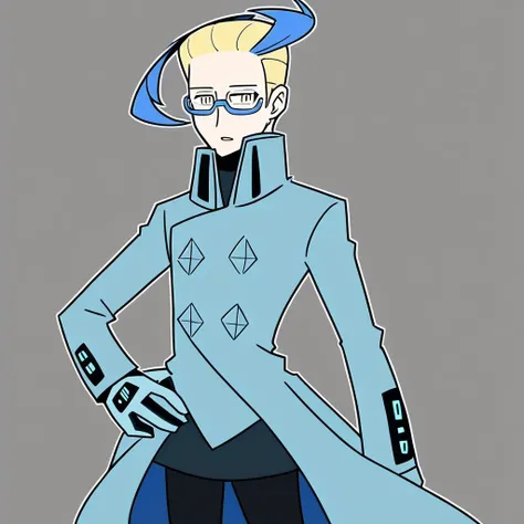 solo, 1boy, male focus, blonde hair, blue hair, two-toned hair, cowlick, hair slicked back short hair, cowlick, yellow eyes,achromatic, wearable console, coat, grey coat, glasses, black pants, blue-framed eyewear