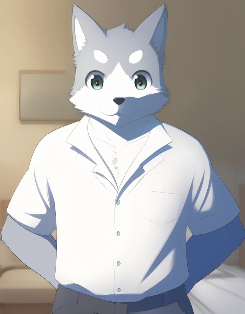 (((detailed eyes, detailed face))), (furry, seiya <lora:character_seiya_findigo_v1:0.9>, two-tone fur, grey fur, dog boy, snout, green eyes), male, (solo), (plump), (white shirt, grey pants), standing, (arms behind back), smile, (front view) BREAK (konzabu...