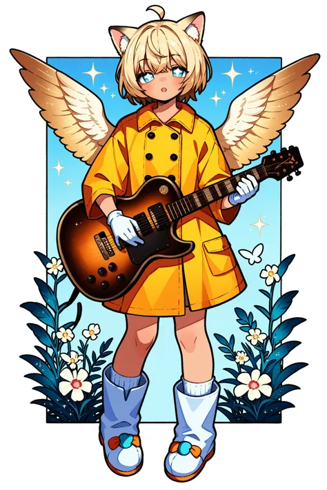 1girl, wariza, white socks, animal ears, white gloves, white pupils, slippers, boots, raincoat, wings, sparkle, guitar, <lora:candietowne:1>