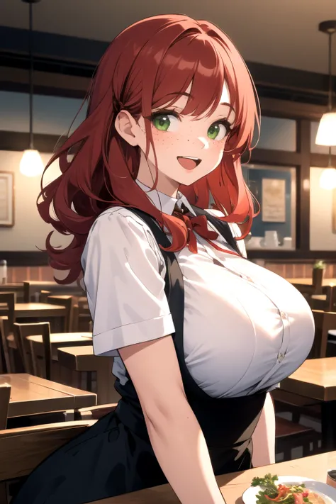 (masterpiece, best quality, highres), 1girl, solo, red hair, medium hair, wavy hair, swept bangs, green eyes, huge breasts, freckles, curvy, upper body, waitress, restaurant, indoors, open mouth, smile