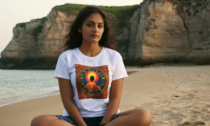 rojwoman, tshirt, beach background, sitting
