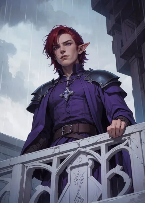 (complex illustration, close-up from below:1.3) heavy rain, portrait young male elf boy vampire mage looking from balcony, gothic, short red hair, medieval, dark fantasy themes, (purple,blue:1.2), rain, (atmosphere), sky with dark clouds, hyperrealistic te...