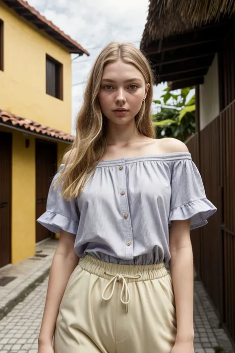 European woman, closeup, sandals, (shirt), pants, (favela houses), ZM_aisling, wide shoulders, perfect face, (contact iris: 1.1), pale skin, skin pores , depth of field