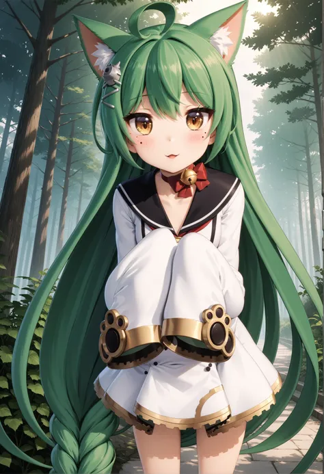 masterpiece, best quality, very aesthetic, ultra detailed, intricate details, 4k, anime style,
AkashiAi, 1girl, solo, mole, mole under eye, yellow eyes, green hair, long hair, blush, smile, bangs, cat ears, animal ears, hair between eyes, brown eyes, very ...