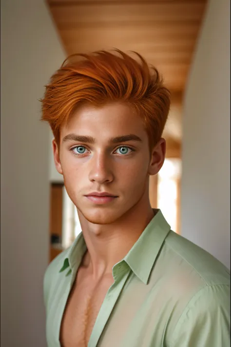 <lora:Liam:1> 1boy, ginger hair, brilliant green eyes, masterpiece, short hair, crystal clear, nice shirt, portrait