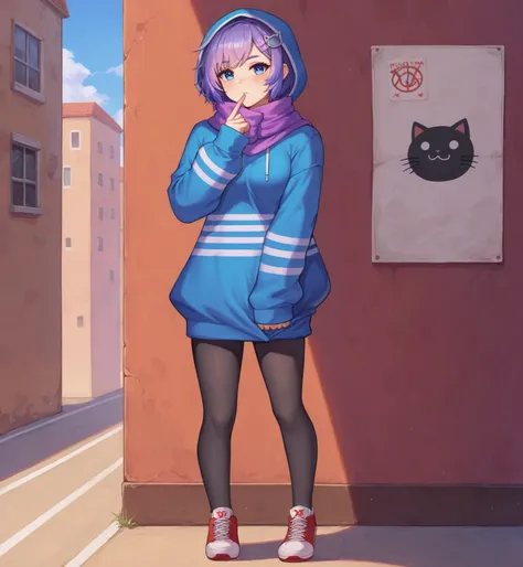 score_9, score_8_up, score_7_up,
1girl, outside
solo, solo focus,
masterpiece, best quality,
1girl, full body, simple background, sneakers, red white sneakers, blue eyes, hoodie, blue hoodie, purple hair, two white stripes on belly, two white stripes on ea...