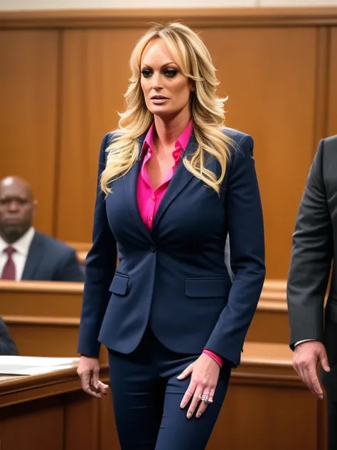 stormydaniels:0.7 wearing a business suit, blouse, in a courtroom