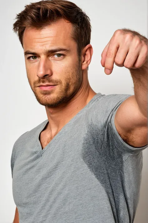 A Irish man in a gray t-shirt is pointing to his armpit (sweat:1.3). He has short [ginger::0.5] hair. The background is white and he appears to be in a studio setting with a camera angle that captures his upper body and face from the chest up. The image ha...