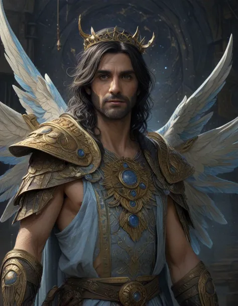 Haya from Syria, long updo [blue-black:.3] hair, closeup portrait shot of jason schwartzman as king oberon, fairy wings, lord of beasts, highly detailed, digital painting, artstation, concept art, soft focus, depth of field, artgerm, tomasz alen kopera, pe...